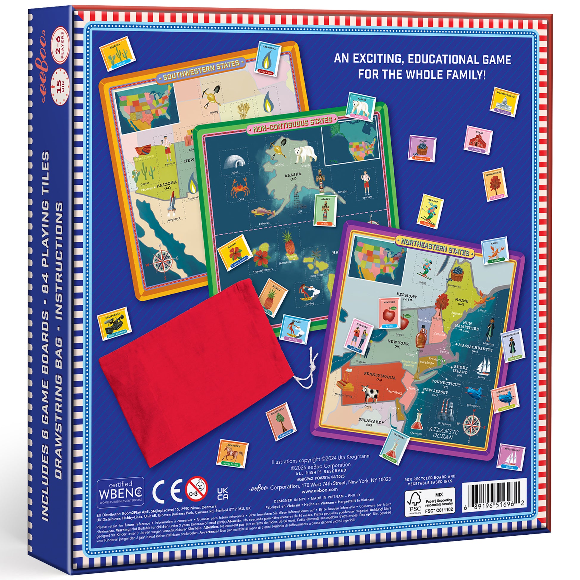 Bingo Geography United States educational game with colorful regional map boards and cards