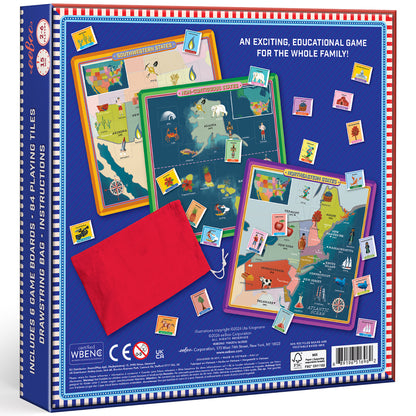 Bingo Geography United States educational game with colorful regional map boards and cards