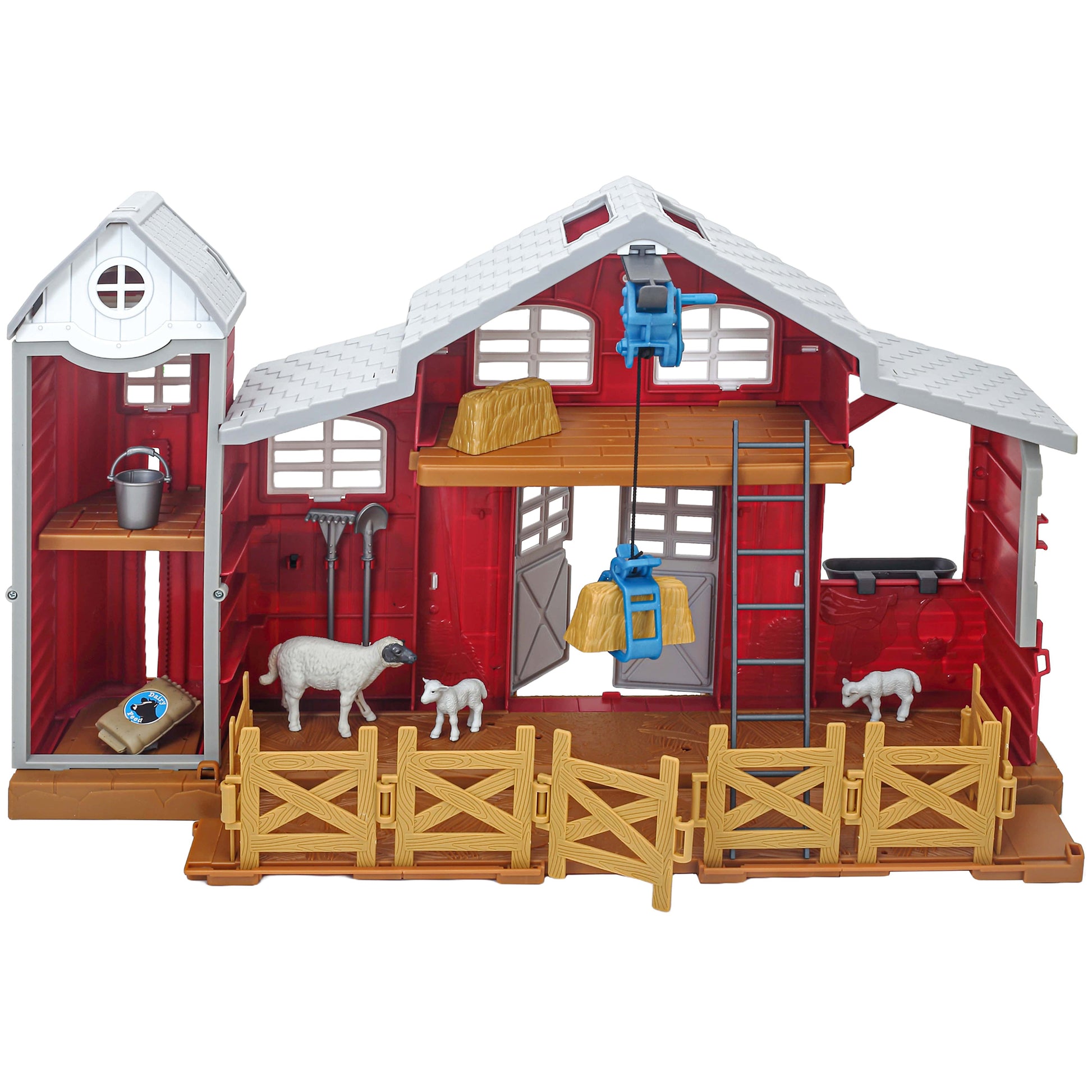 Big Country Toys Dairy Barn Playset red barn with white roof, wooden fence, farm animals and accessories