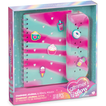 Glimmer & Glow pink and teal spiral journal with pencil pouch and dessert charms