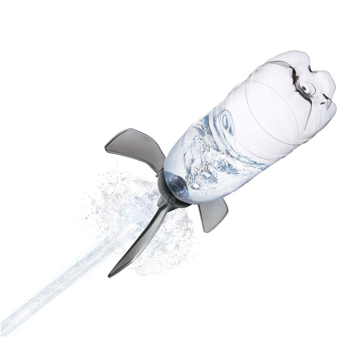 4M Water Rocket Bottle Launcher Kit with white bottle and gray fins launching water spray