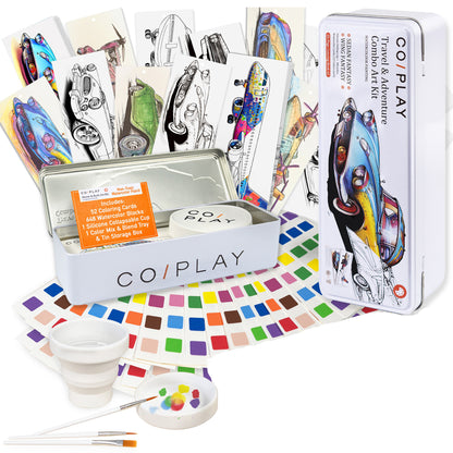 COIPLAY Watercolor Art Kit with 52 coloring cards, 448 watercolor blocks, brushes, and tin storage box