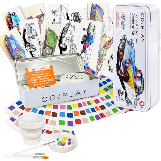 COIPLAY Watercolor Art Kit with 52 coloring cards, 448 watercolor blocks, brushes, and tin storage box