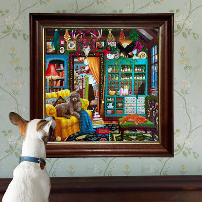 Piece&Love Sorcerer's Den 1000 pc Puzzle featuring colorful magical room scene with animals