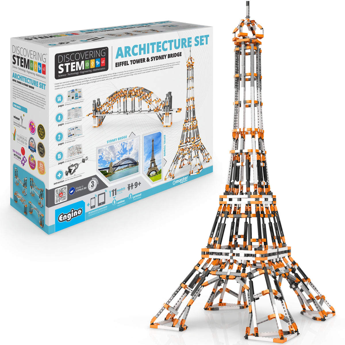 Engino Discovering STEM Architecture Set with orange and gray Eiffel Tower model displayed