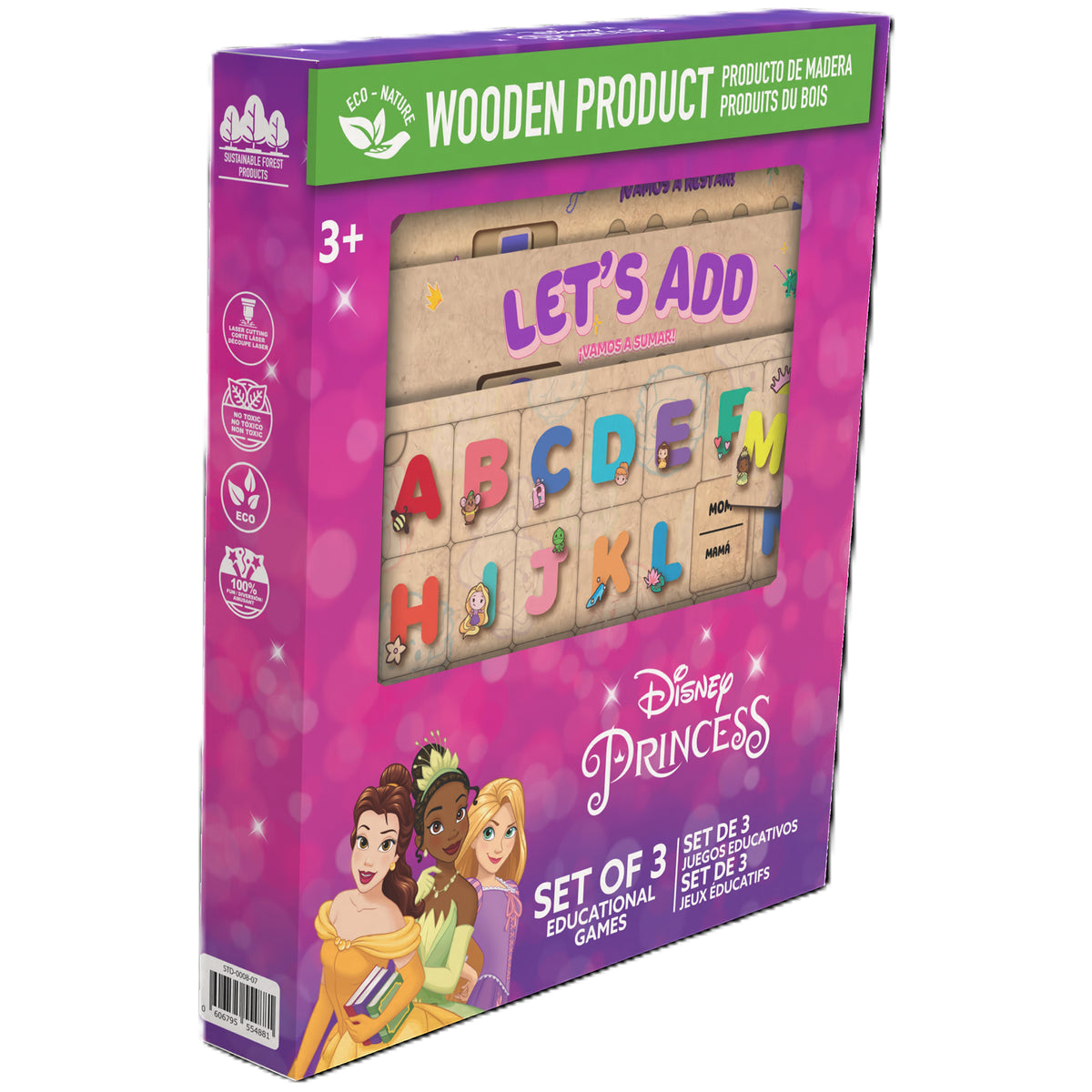 Disney Princess Set of 3 Educational Games wooden product with Let's Add alphabet blocks