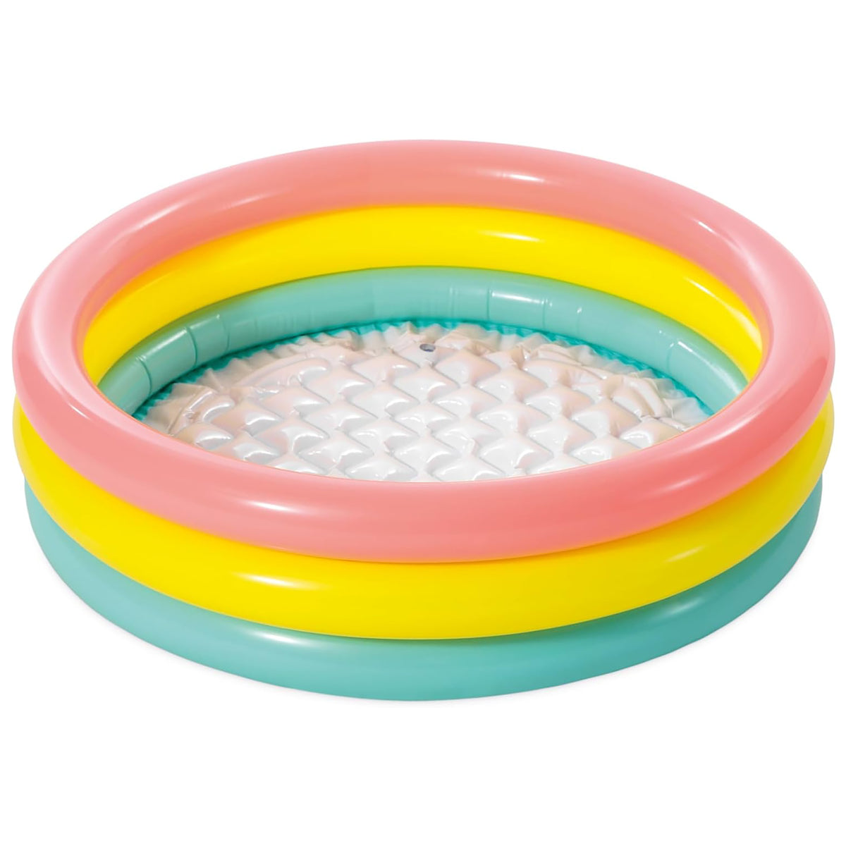 Inflatable baby pool with pink, yellow, and turquoise rings and white textured bottom