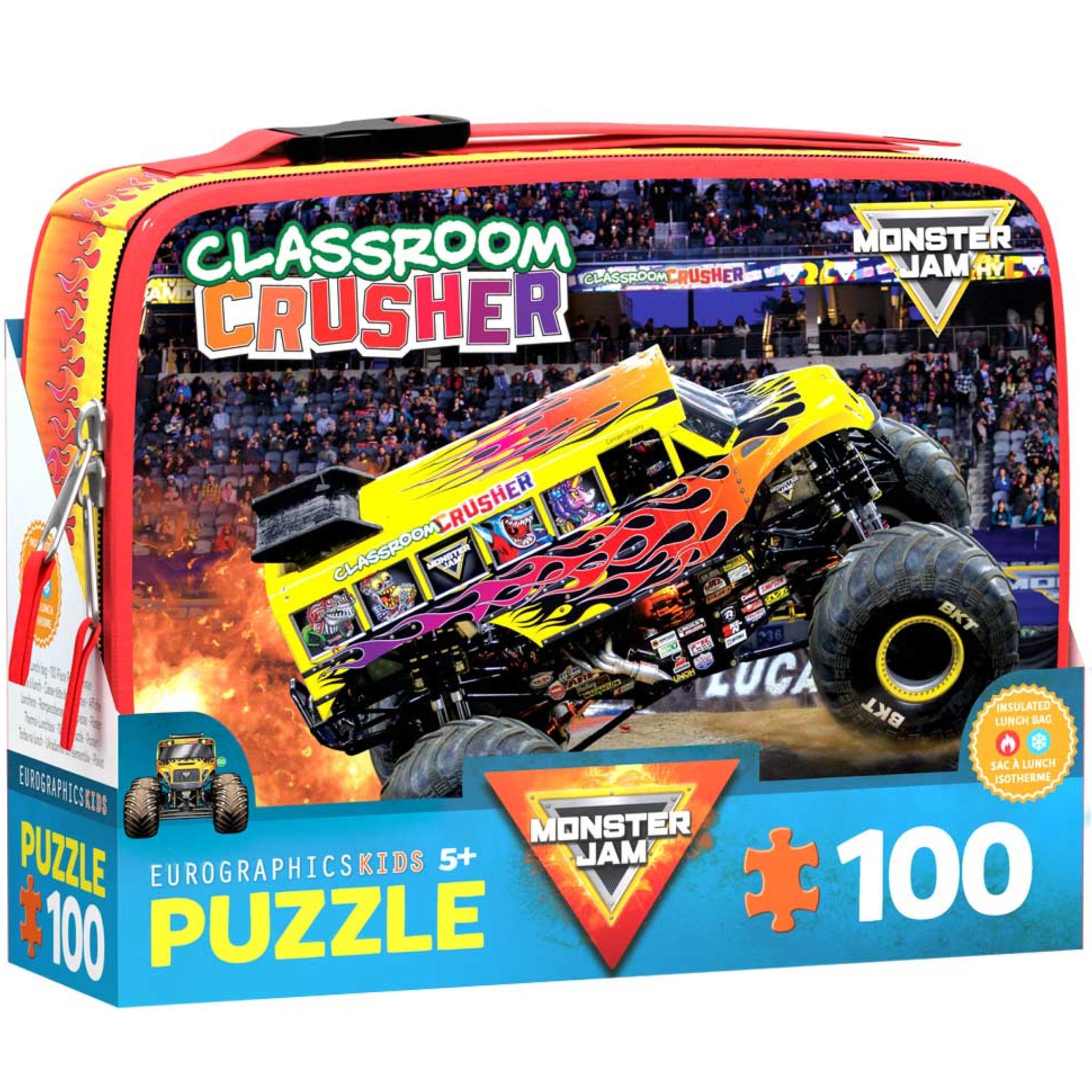 Monster Jam Classroom Crusher 100-piece puzzle with insulated lunch bag, featuring yellow and red truck