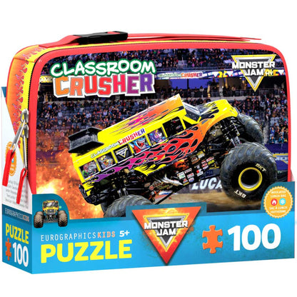 Monster Jam Classroom Crusher 100-piece puzzle with insulated lunch bag, featuring yellow and red truck
