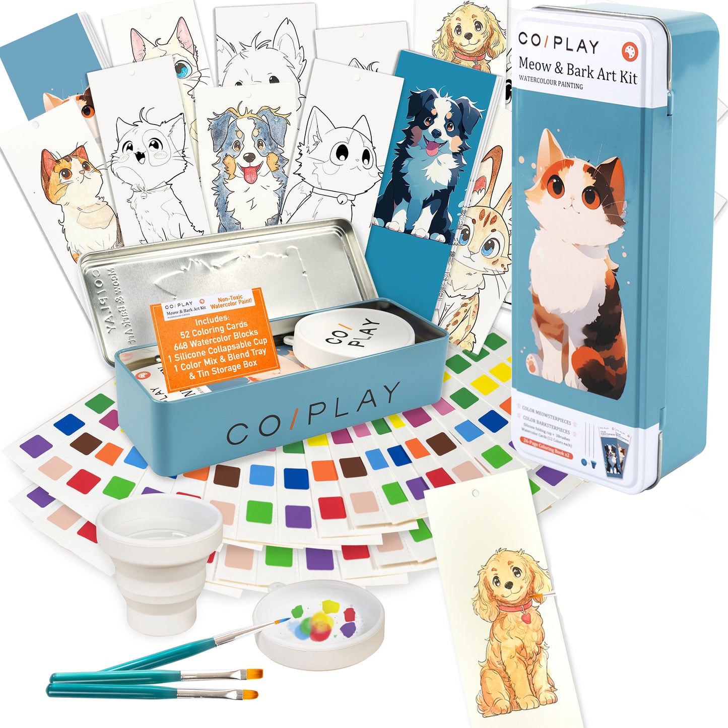 COIPLAY Meow & Bark Watercolor Art Kit with coloring cards, paints, brushes, and storage box