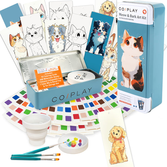 COIPLAY Meow & Bark Watercolor Art Kit with coloring cards, paints, brushes, and storage box