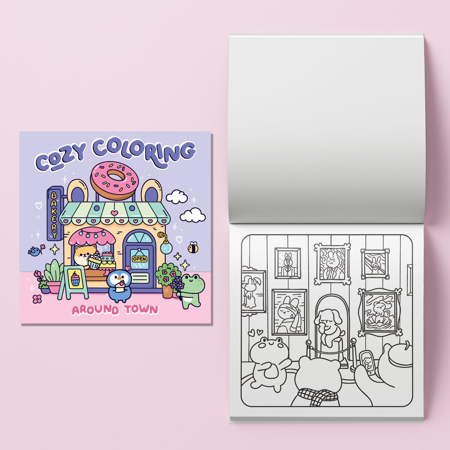 Cozy Coloring Around Town kit with pastel purple cover and coloring pages