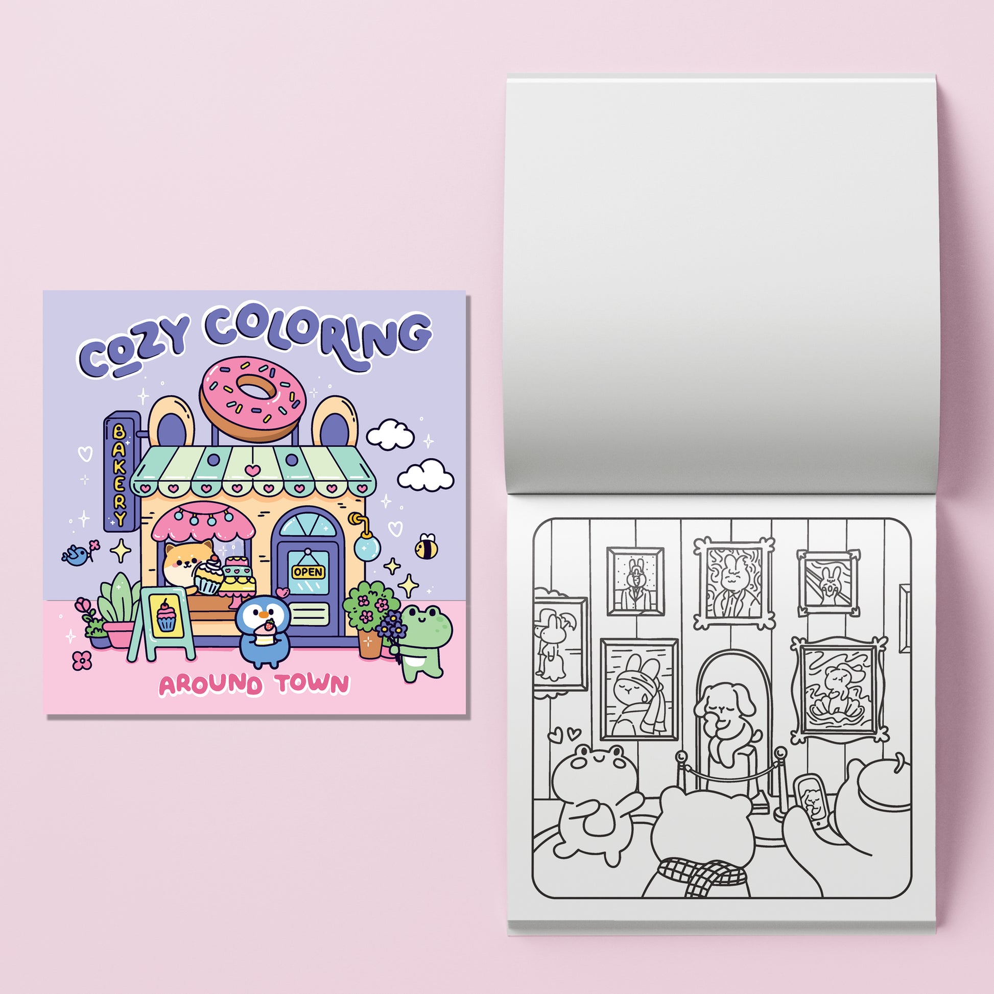 Cozy Coloring Around Town kit with pastel purple cover and coloring pages