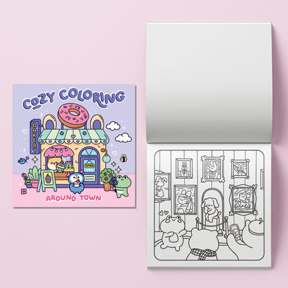 Cozy Coloring Around Town kit with pastel purple cover and coloring pages