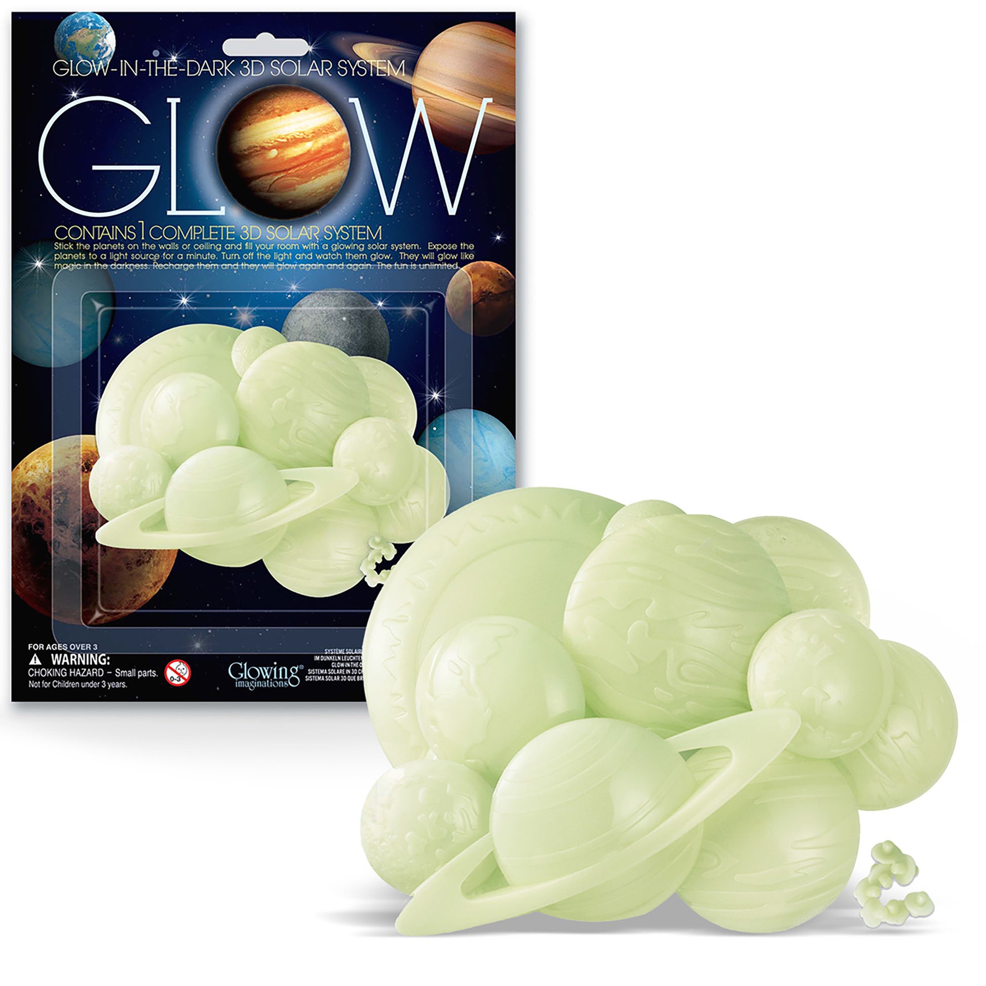 Glow-in-the-dark 3D solar system learning kit with glowing planet spheres and rings, shown with packaging