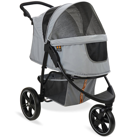 My Duque Cooper Pet 3-Wheeler Stroller in grey with mesh windows for pets up to 33lbs