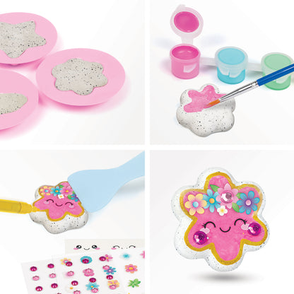 Rock Dough Glowing Garden craft kit with pink stone molds, colorful paints, and flower stickers