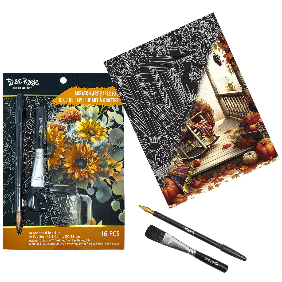 Brea Reese Scratch Art Paper Pad - Fall Florals with dual tip stylus and brush tools