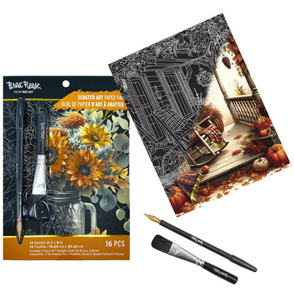 Brea Reese Scratch Art Paper Pad - Fall Florals with dual tip stylus and brush tools