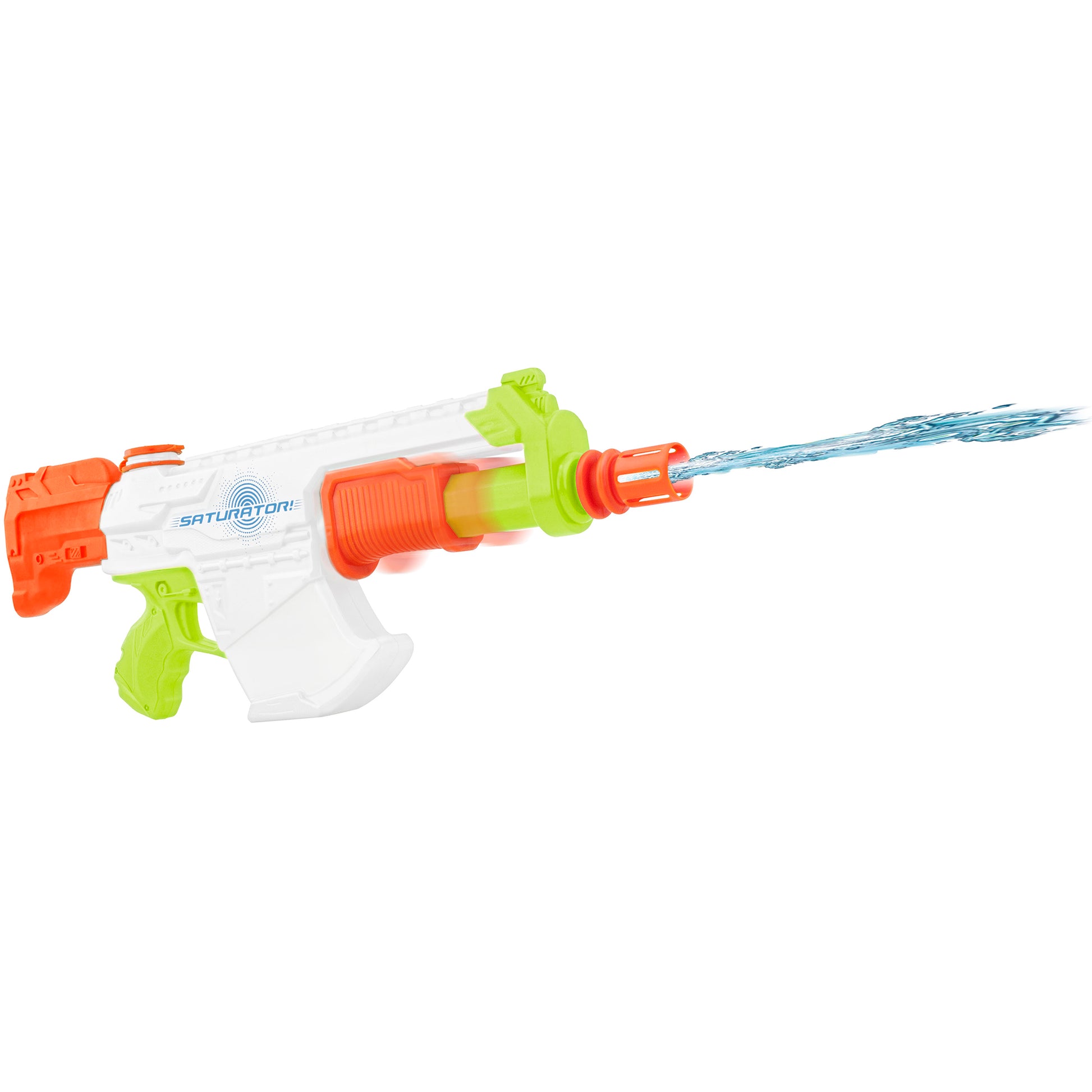 Saturator water blaster toy in white, orange and lime green with active water stream