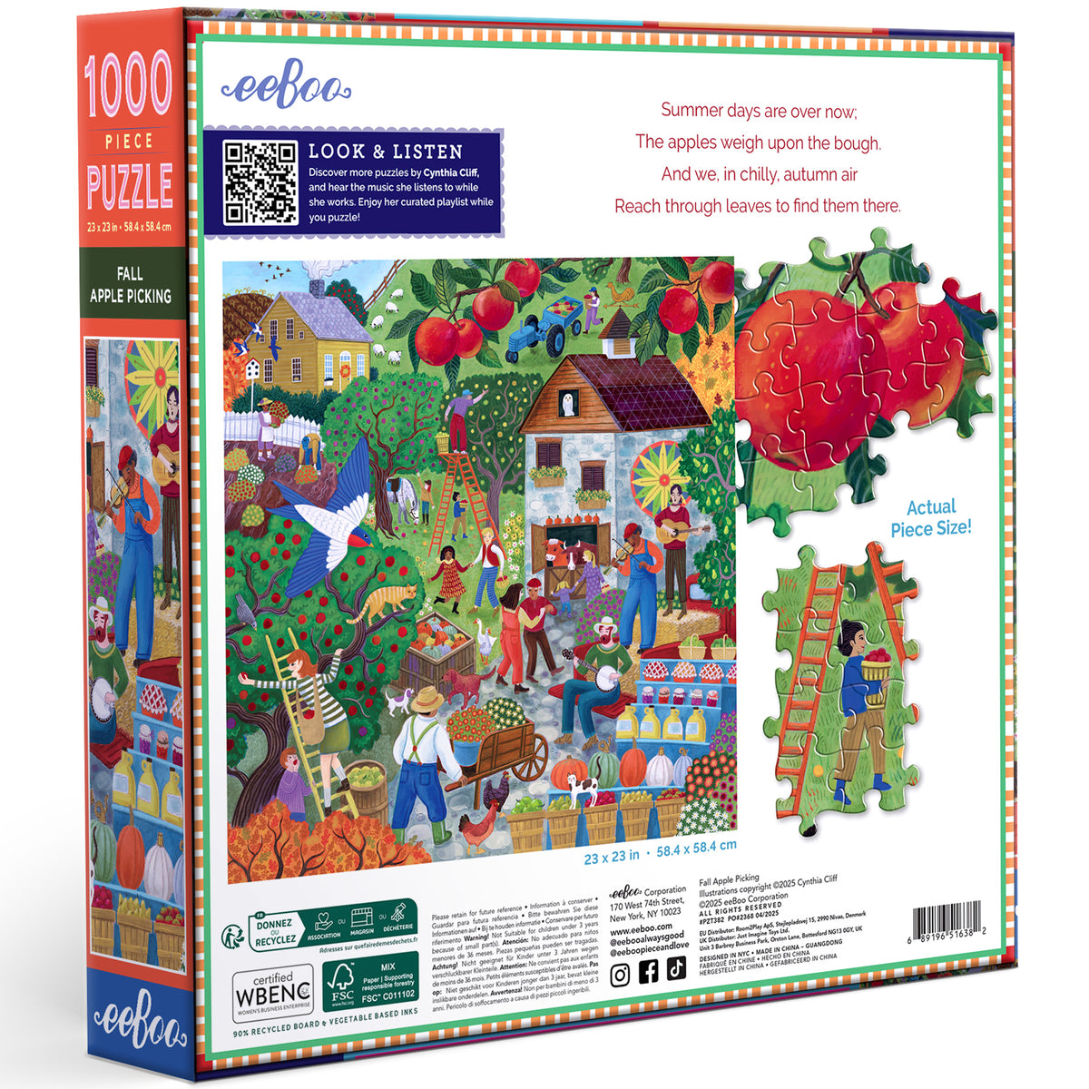 eeBoo Fall Apple Picking 1000 Piece Jigsaw Puzzle with colorful autumn orchard scene