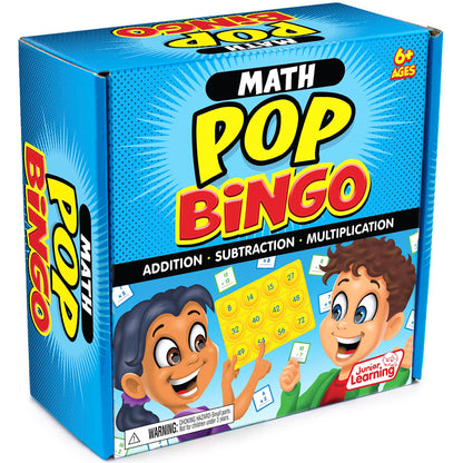 Math Pop Bingo educational game for ages 6+, featuring addition, subtraction, multiplication with colorful yellow bin...
