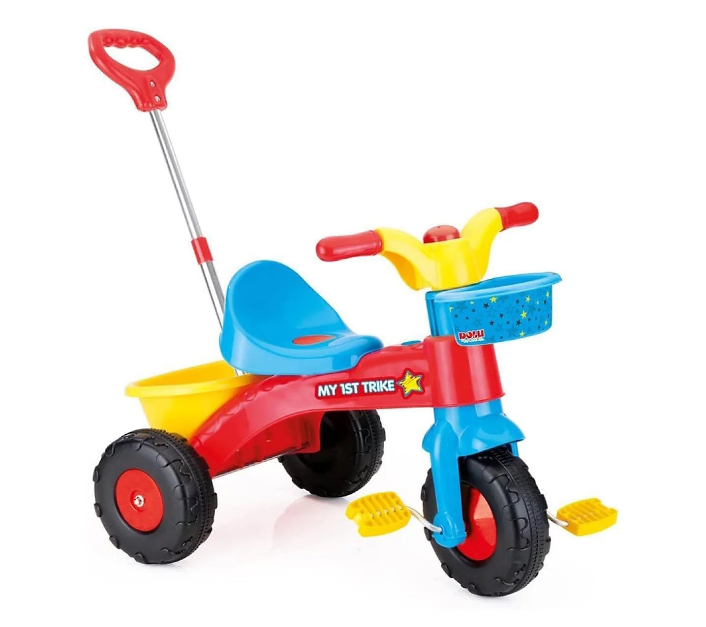 Red, yellow, and blue pedal trike with push handle, black tires, and yellow footrests on plain background