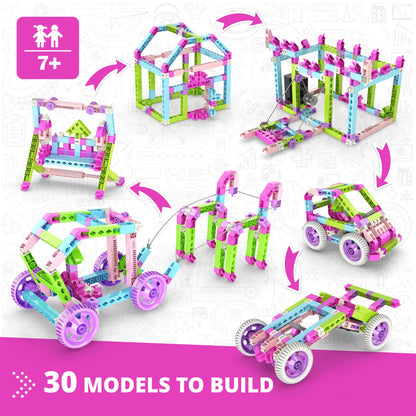 Engino Creative Builder 30-in-1 motorized toy vehicle set with pink, green, and blue snap-together bricks for kids 7+
