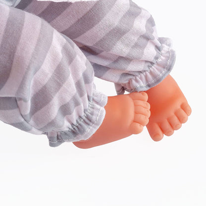 JC Toys Nonis Boutique 15" baby doll with grey outfit, realistic soft body, and peachy skin tone