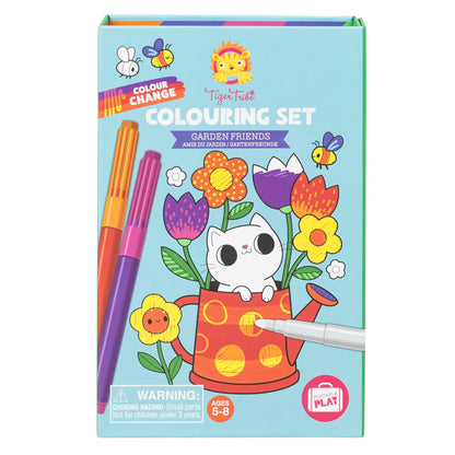 Color Change Magic Marker Colouring Set: Garden Friends with white cat, flowers, and colorful markers