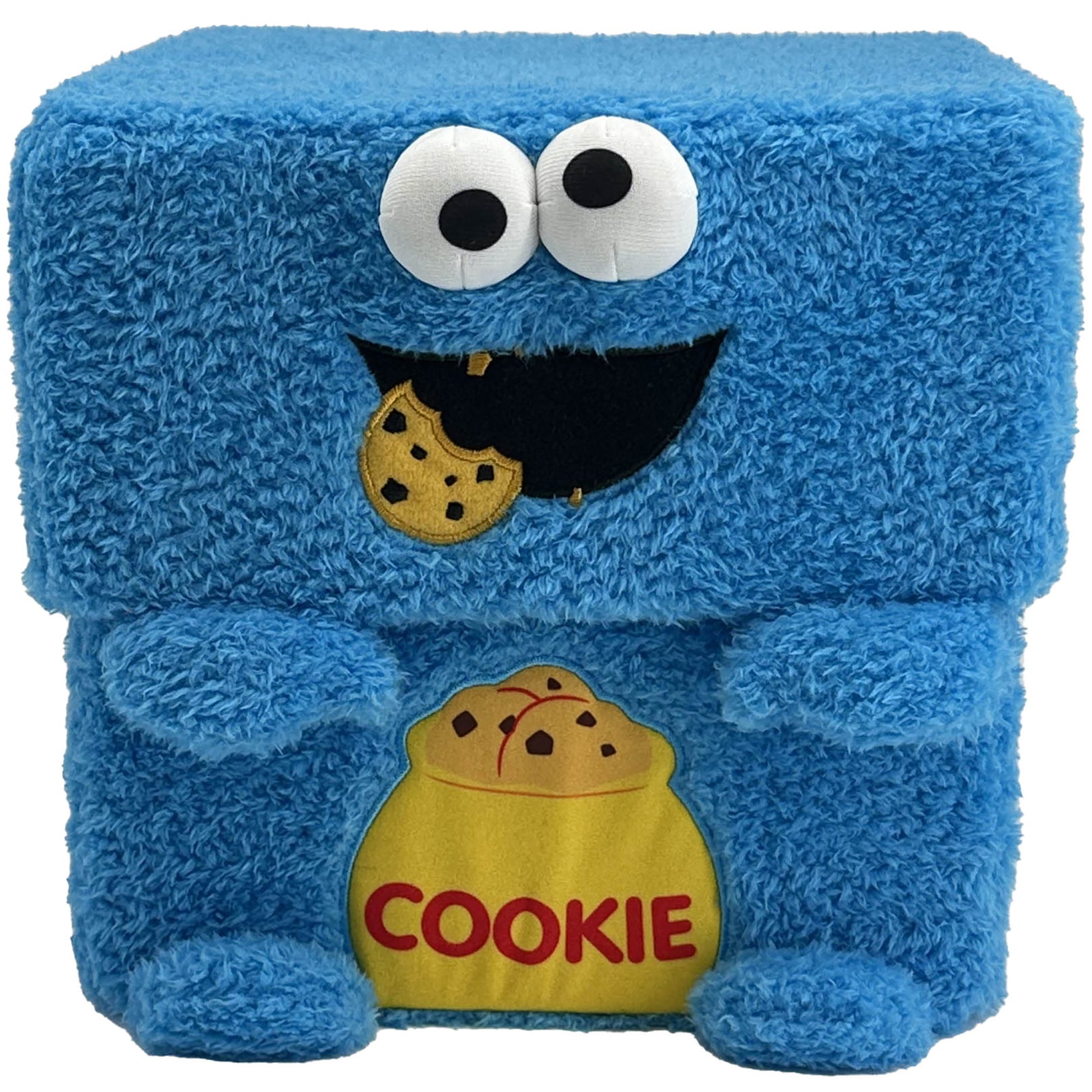 Blue plush cube storage bin with Cookie Monster face, white eyes with black pupils, open mouth smile, and yellow cookie pouch pocket labeled COOKIE