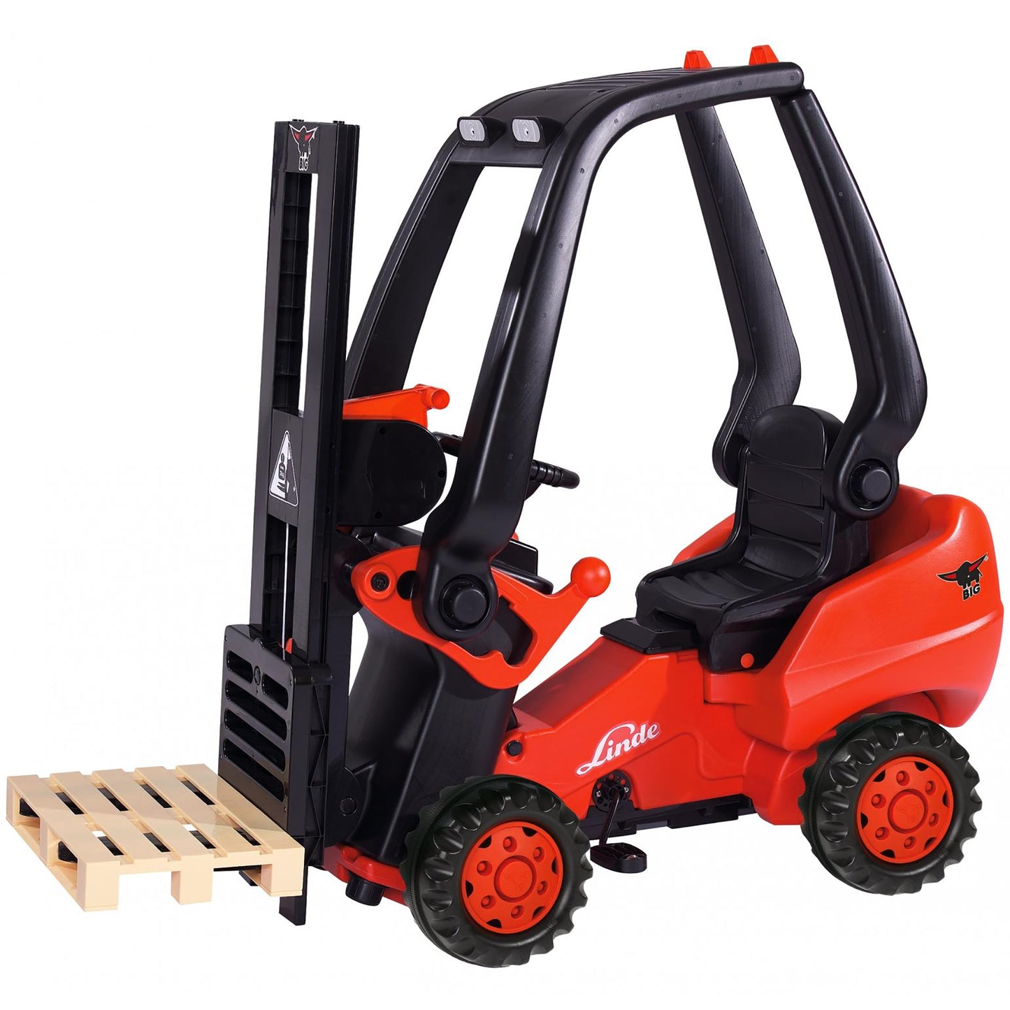 BIG Linde red and black pedal-powered forklift ride-on toy with working lift and wooden pallet