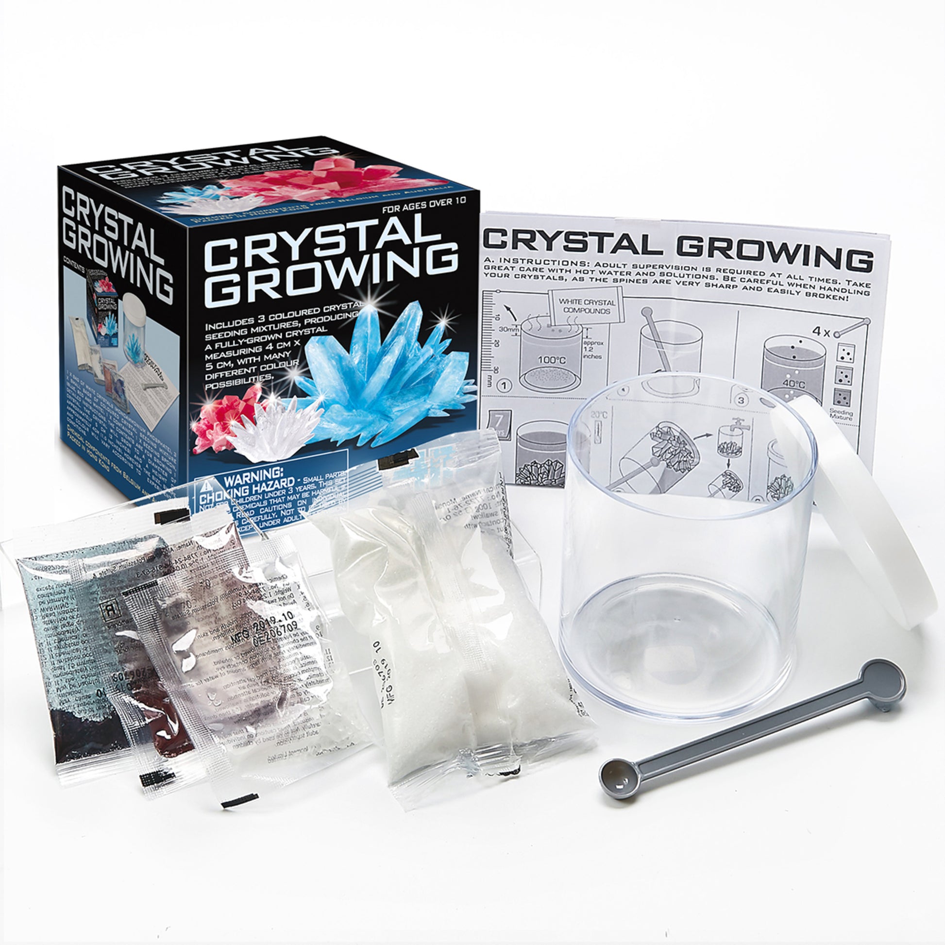 4M Crystal Growing Kit with blue, pink, and white crystals, instruction manual, and supplies