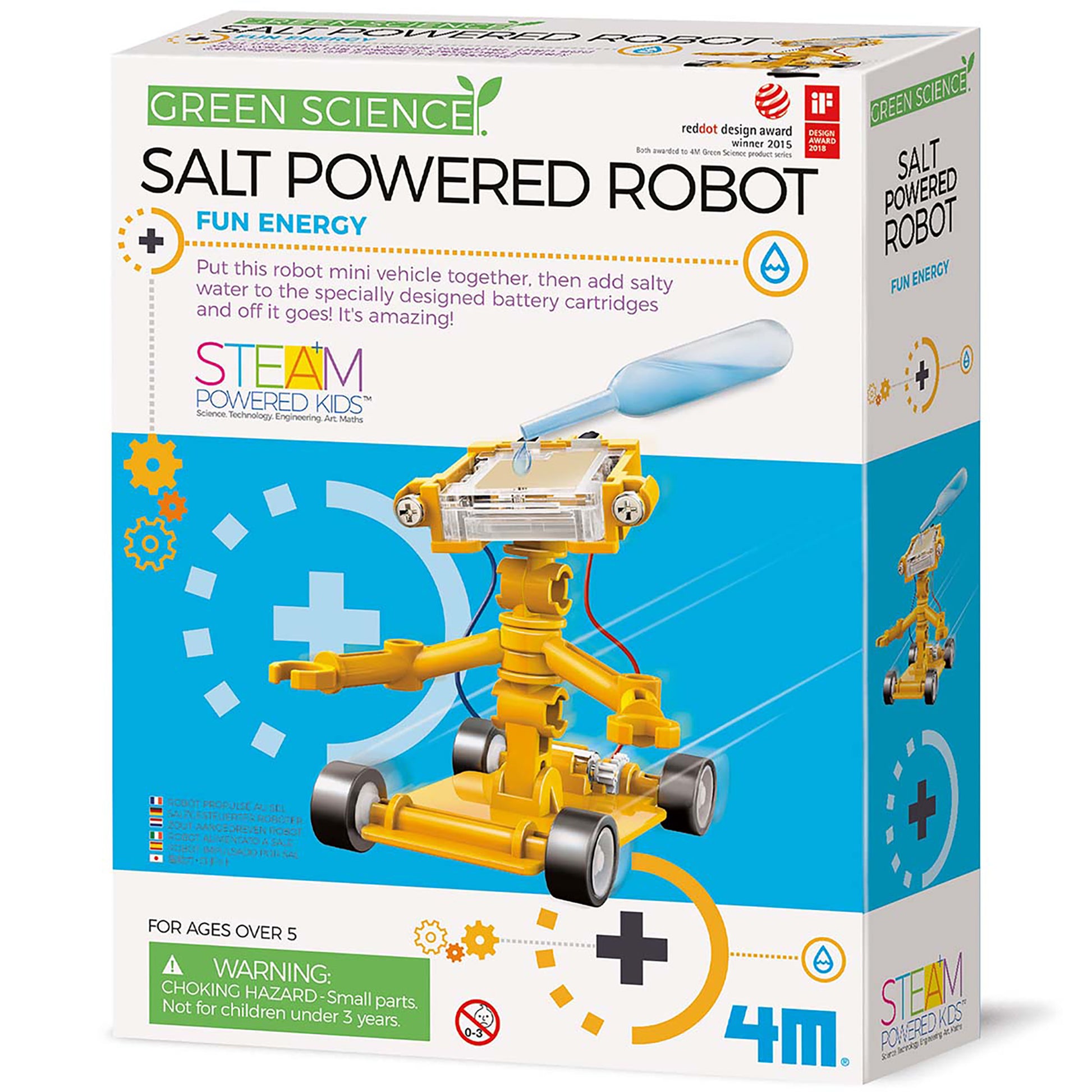 Green Science Salt-Powered Robot yellow STEM toy with water dropper and wheels