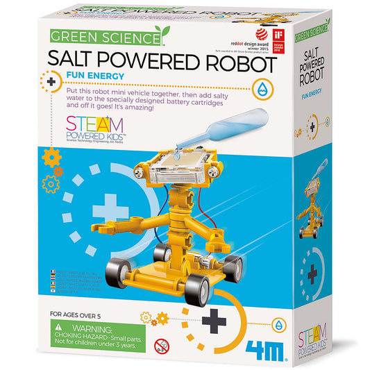 Green Science Salt-Powered Robot yellow STEM toy with water dropper and wheels