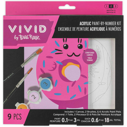 VIVID Mini Paint By Number Kawaii Cat Donut acrylic kit with pink canvas, brushes and paint pots