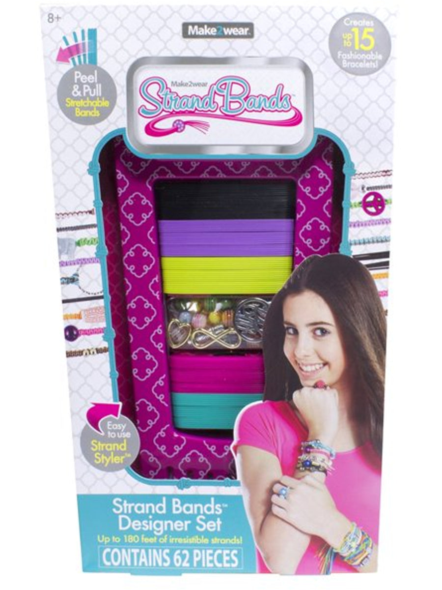 Make2Wear Strand Bands Designer Set packaging showing colorful elastic bands, strand styler tool, and girl on model wearing multiple beaded bracelets