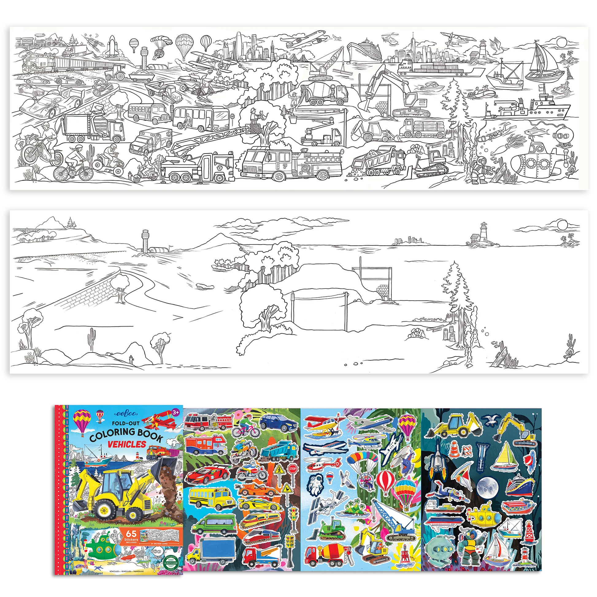 Fold-Out Coloring Book Vehicles with 65+ stickers and colorful transportation designs