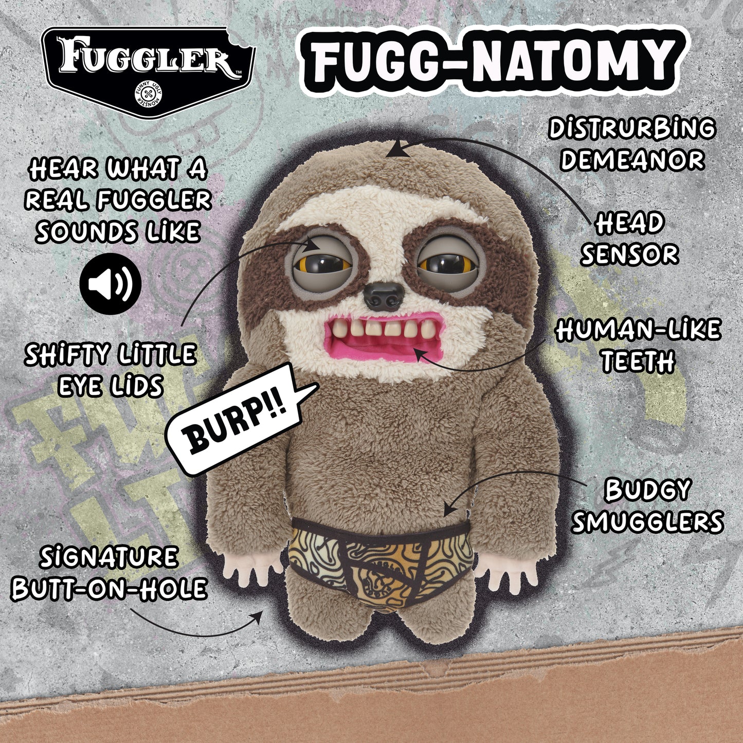 Fugglers Sickening Sloth plush toy with human-like teeth, moving eyes, and interactive features