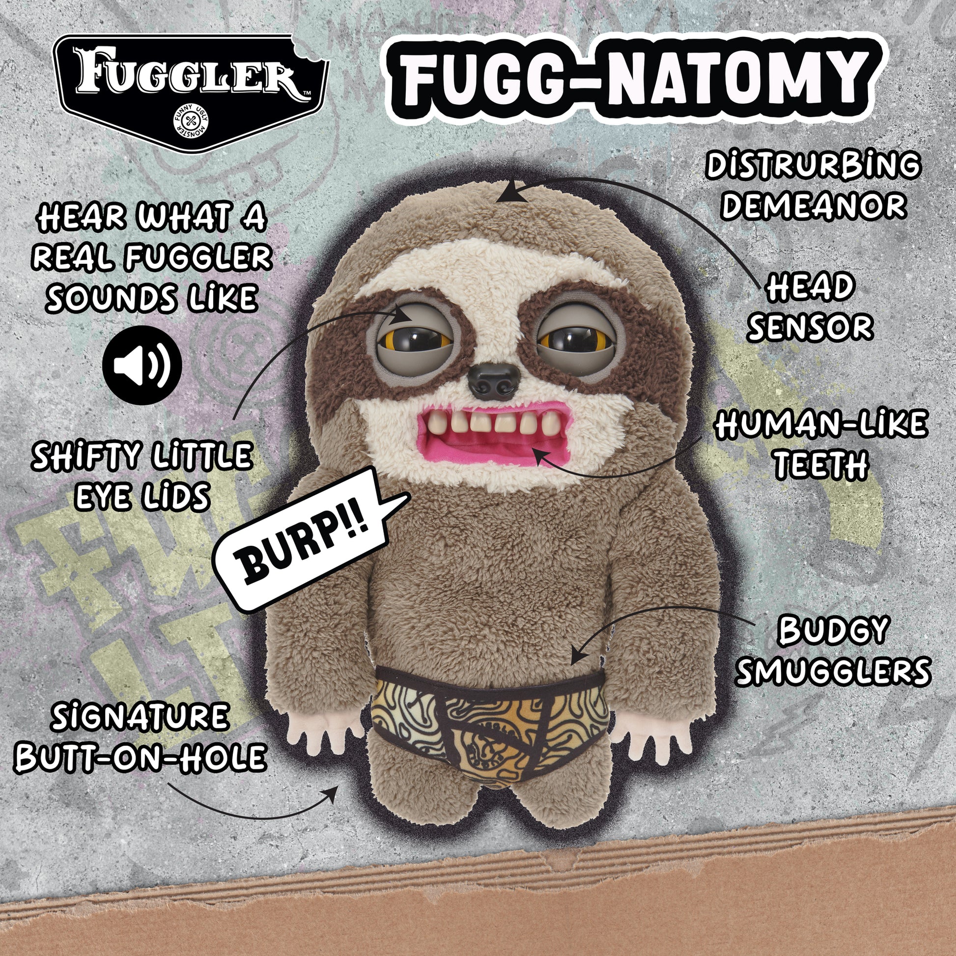 Fugglers Sickening Sloth plush toy with human-like teeth, moving eyes, and interactive features