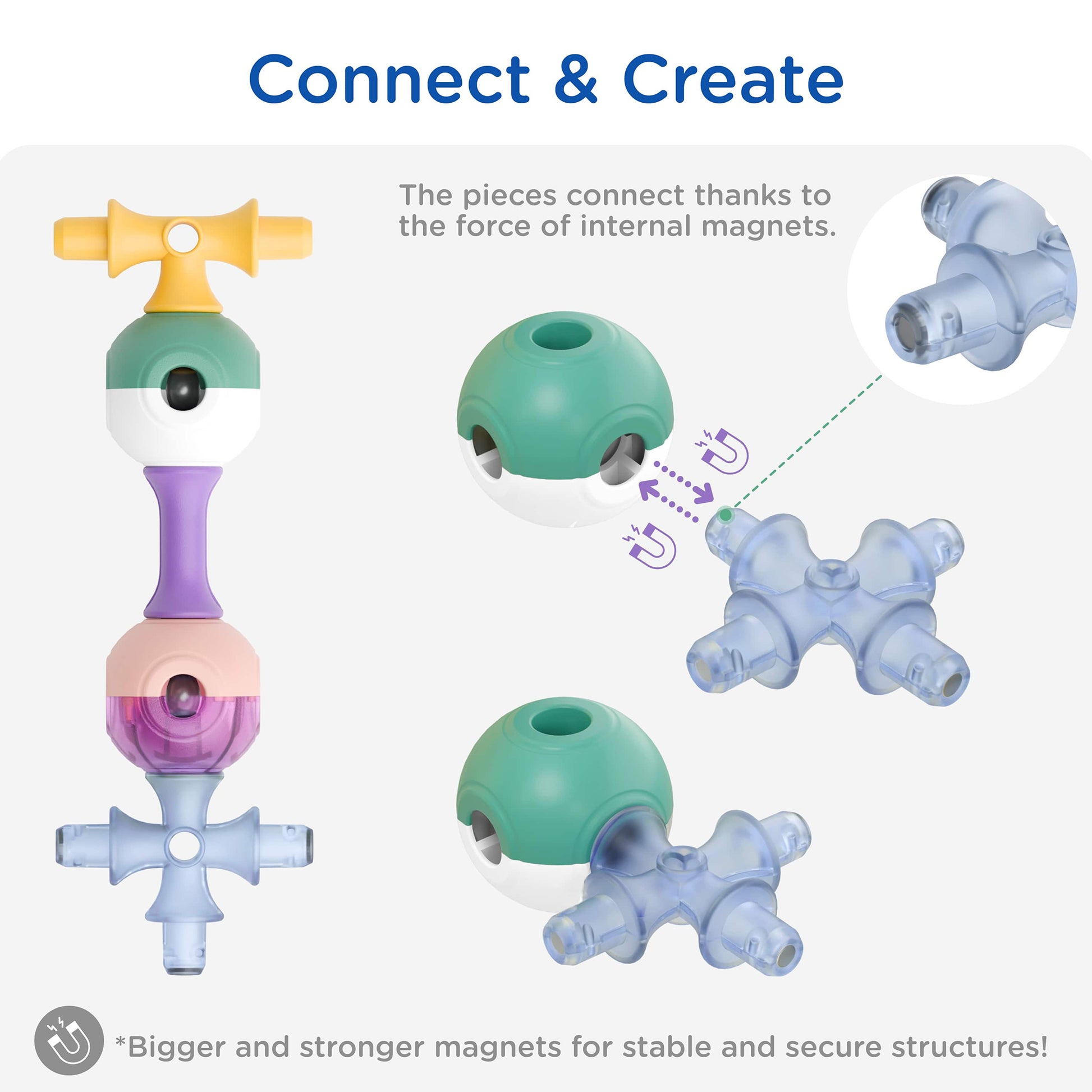 KUB Planet Magnetic Building Set with green and blue pieces showing internal magnets connecting together