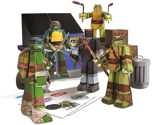 Four articulated Teenage Mutant Ninja Turtles action figures in green and brown armor with weapons, displayed with accessories including a sewer backdrop, manho