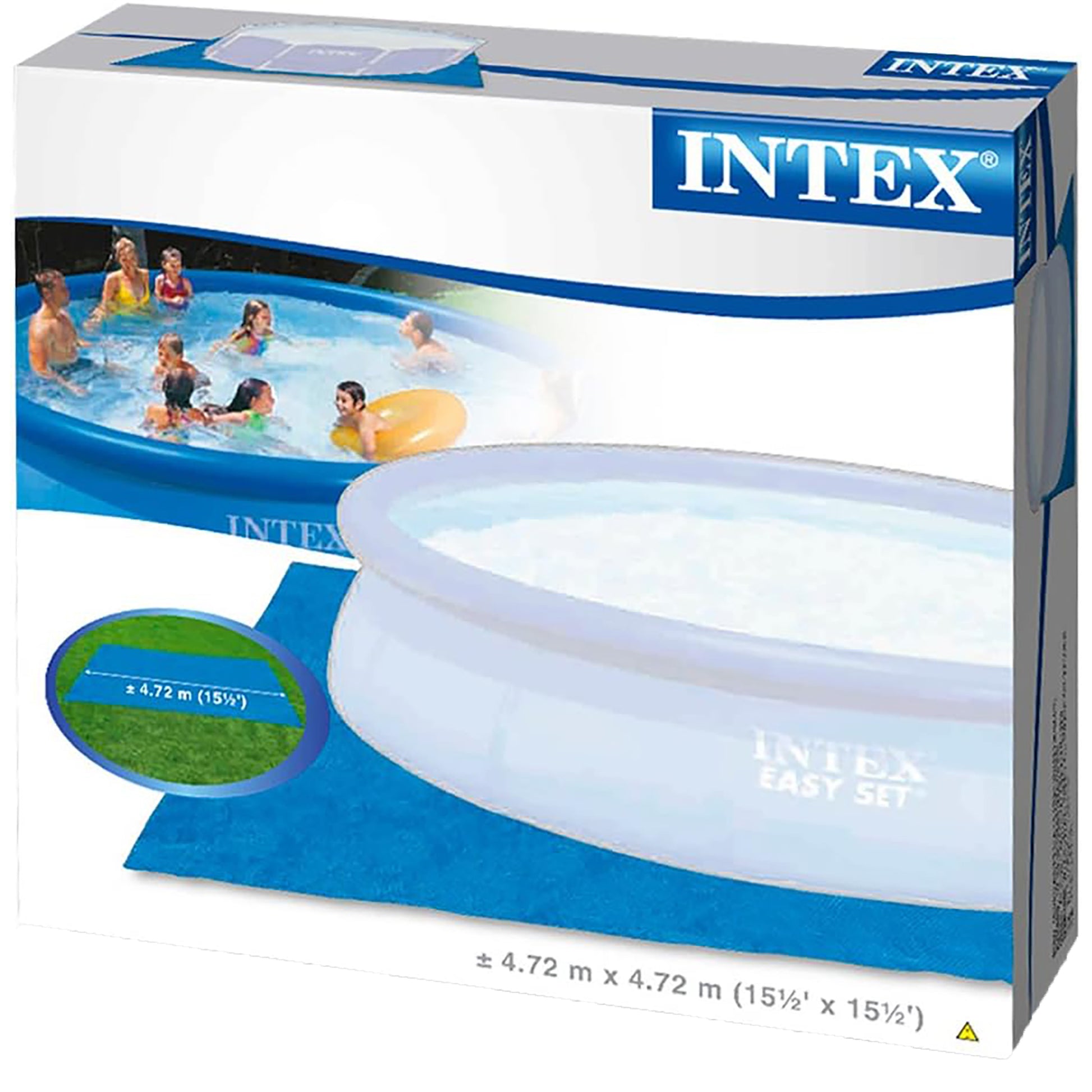 Intex Easy Set pool package box showing inflatable round pool with children swimming and blue ground cloth with 4.72m diameter specification
