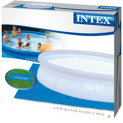 Intex Easy Set pool package box showing inflatable round pool with children swimming and blue ground cloth with 4.72m diameter specification