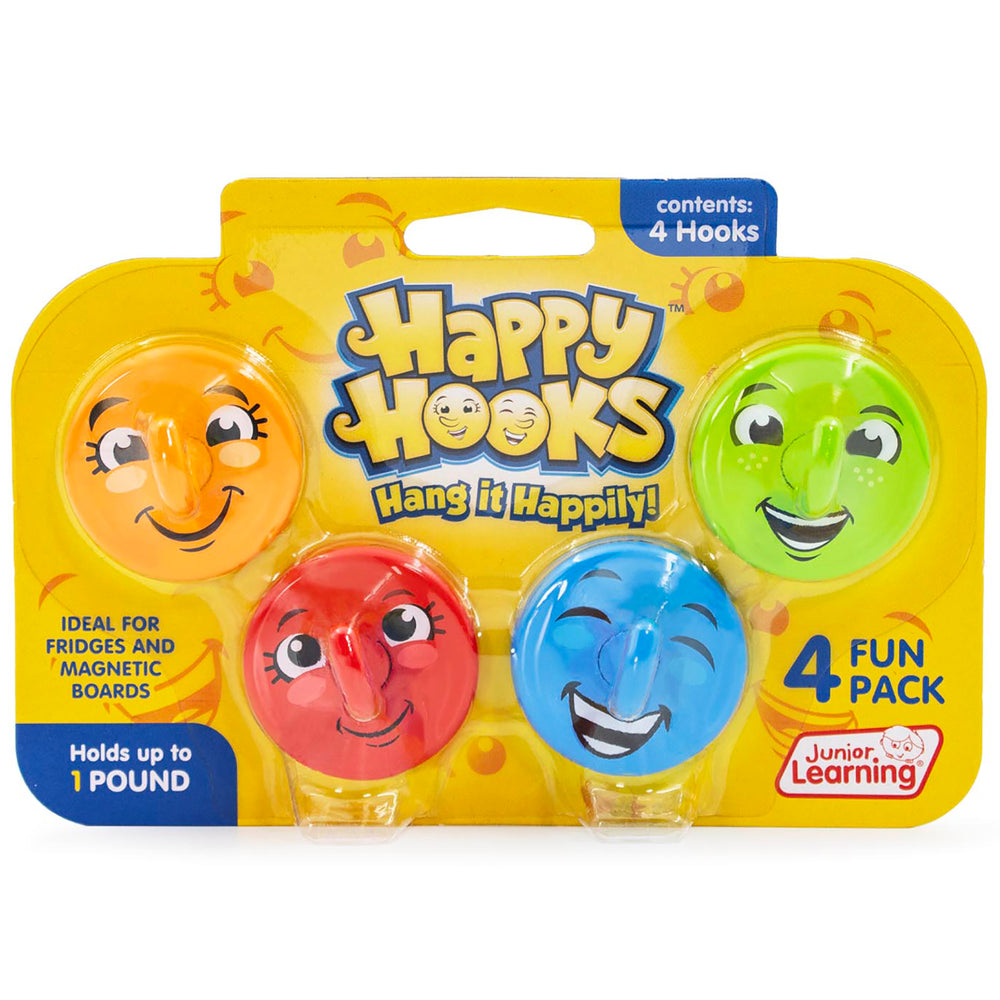 Happy Hooks 4-pack magnetic hooks with smiling faces in orange, green, red, and blue