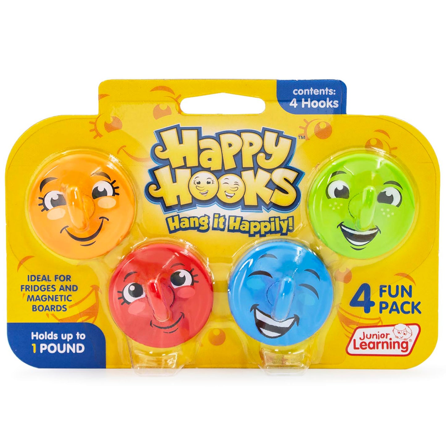 Happy Hooks 4-pack magnetic hooks with smiling faces in orange, green, red, and blue