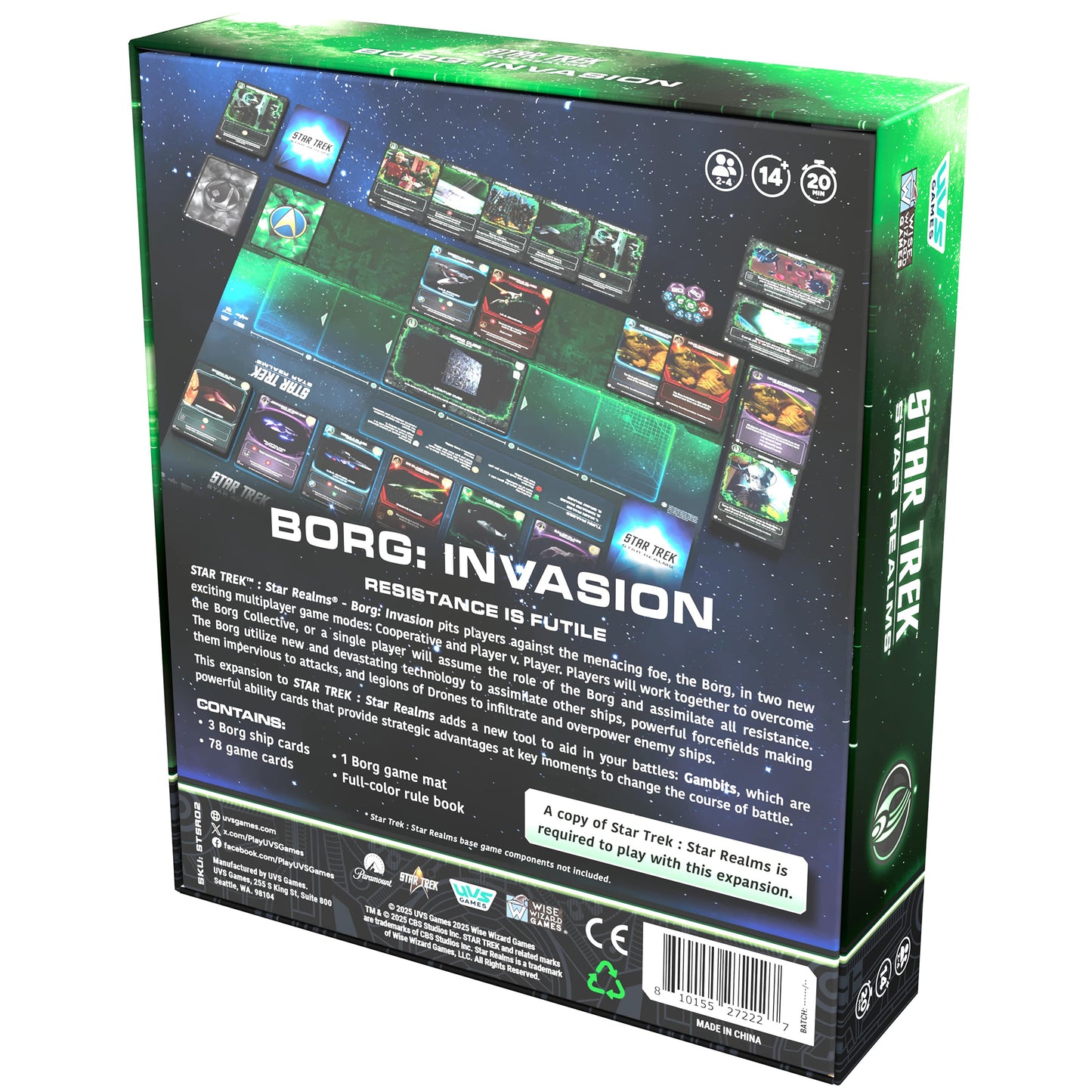 Star Trek Star Realms Borg Invasion expansion box with game cards and components displayed