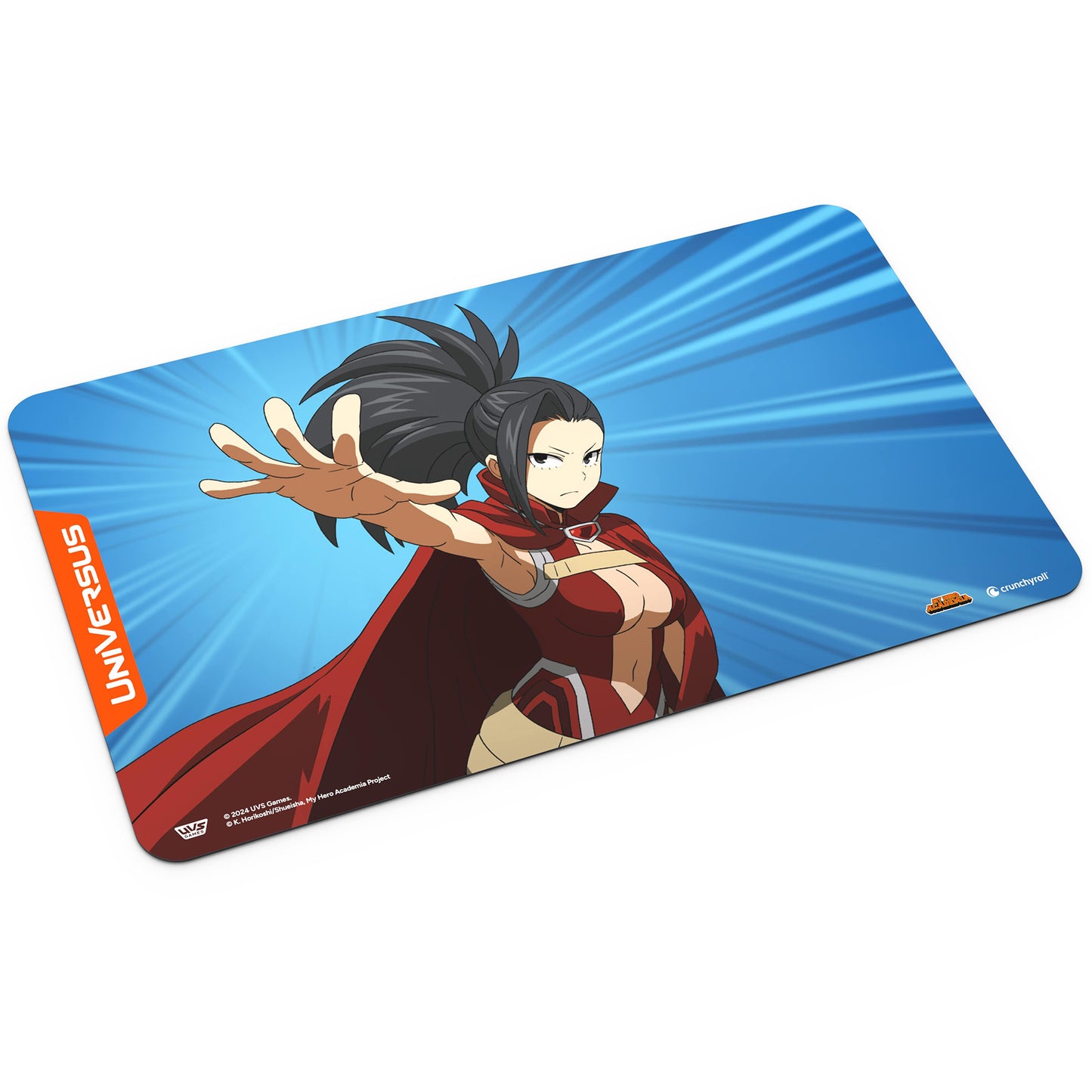 Anime character Momo Yaoyorozu in red cape on blue playmat with UniVersus logo, 24 x 14 inch