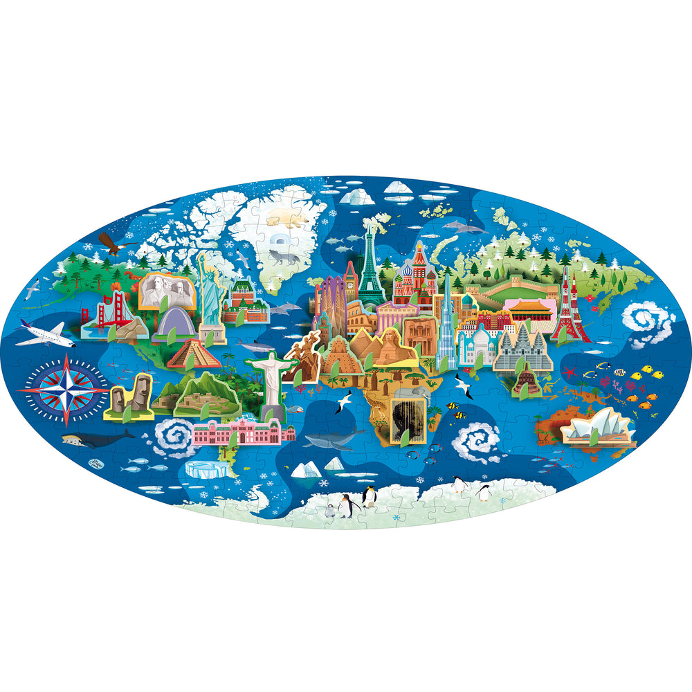 World map puzzle featuring illustrated landmarks and monuments including Statue of Liberty, Eiffel Tower, Big Ben, Christ the Redeemer, pyramids, and Sydney Ope