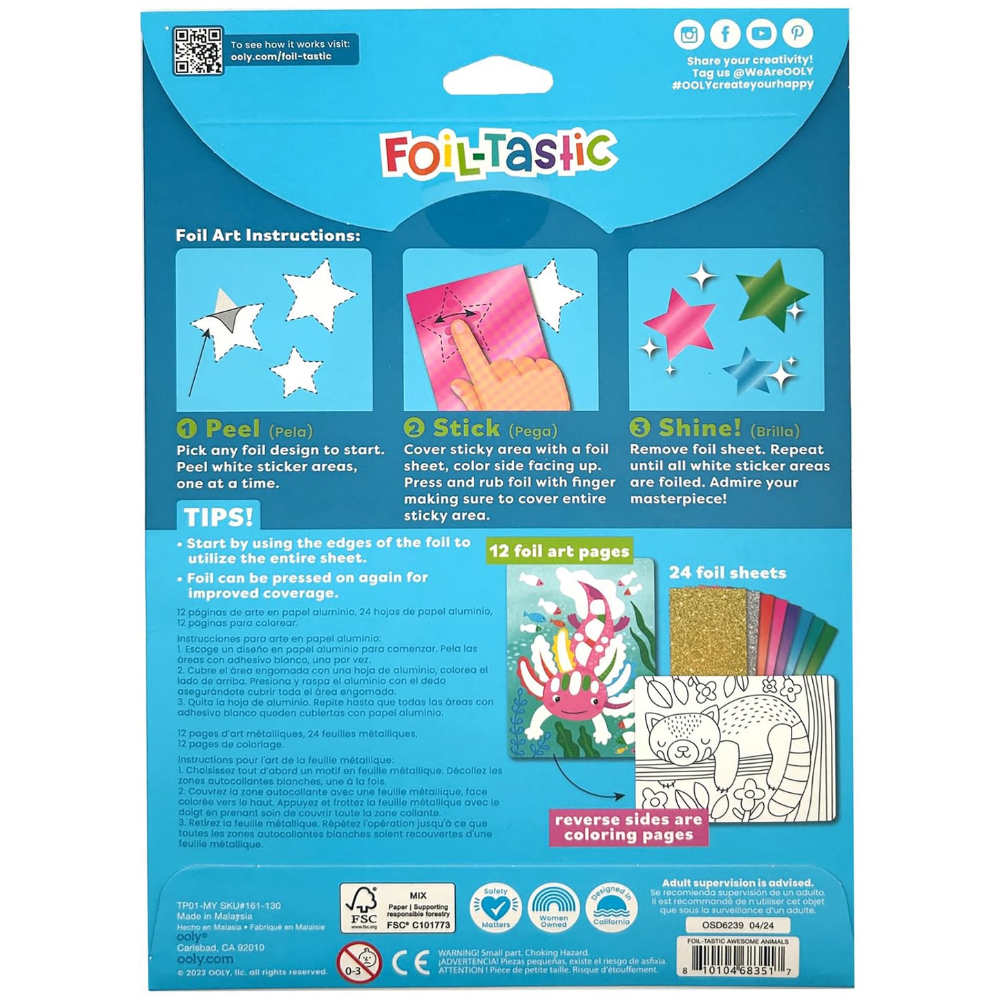 OOLY Awesome Animals Foil Art & Coloring Set - 12 Double-Sided Pages
